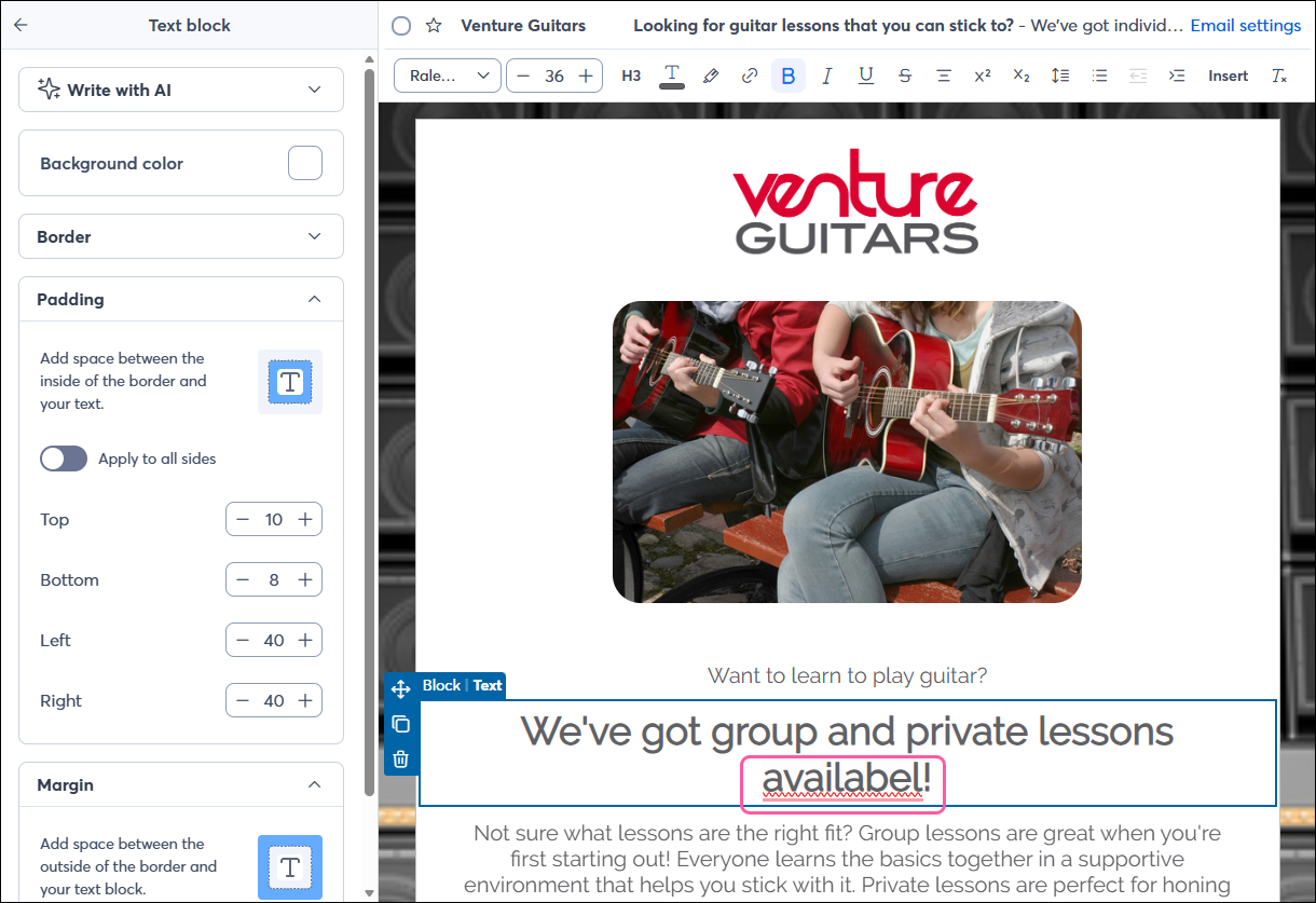 Email editor with Text block and mispelled word with both browser and Grammerly cautions