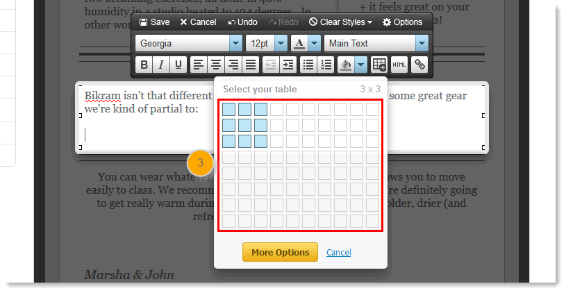 Select your table Options