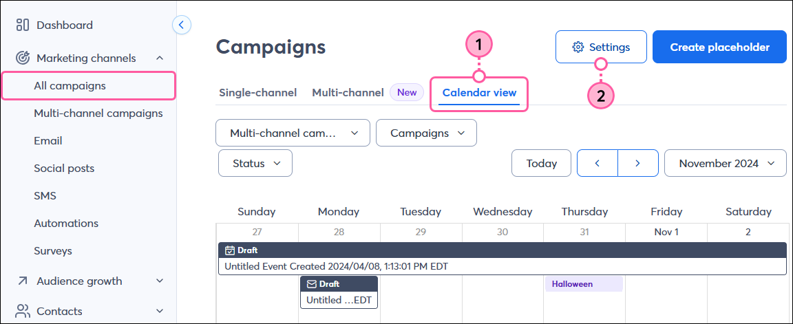 All Campaigns page Calendar View tab Settings Button