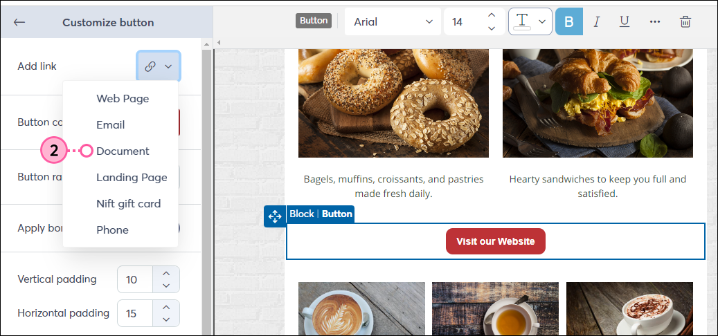 Dropdown-Menü Link und Option Document (Dokument)