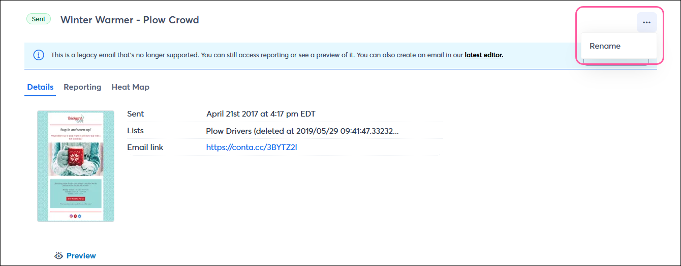 Página Email Details (Detalle de correo electrónico) con la pestaña Details (Detalles) seleccionada, correo electrónico heredado con menú expandido y opción Rename (Cambiar nombre) seleccionada