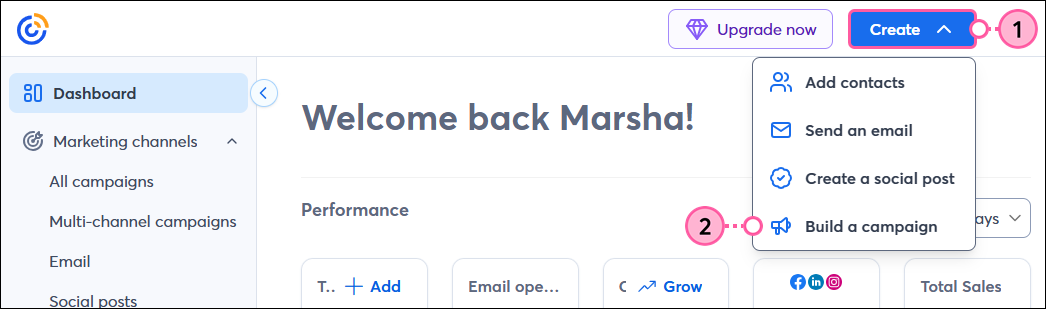 Create button in top nav with Campaign Builder option in drop-down