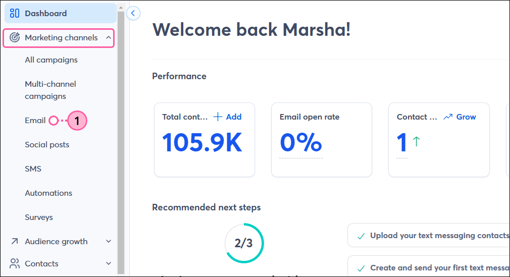 Marketing Channels dropdown and Email option