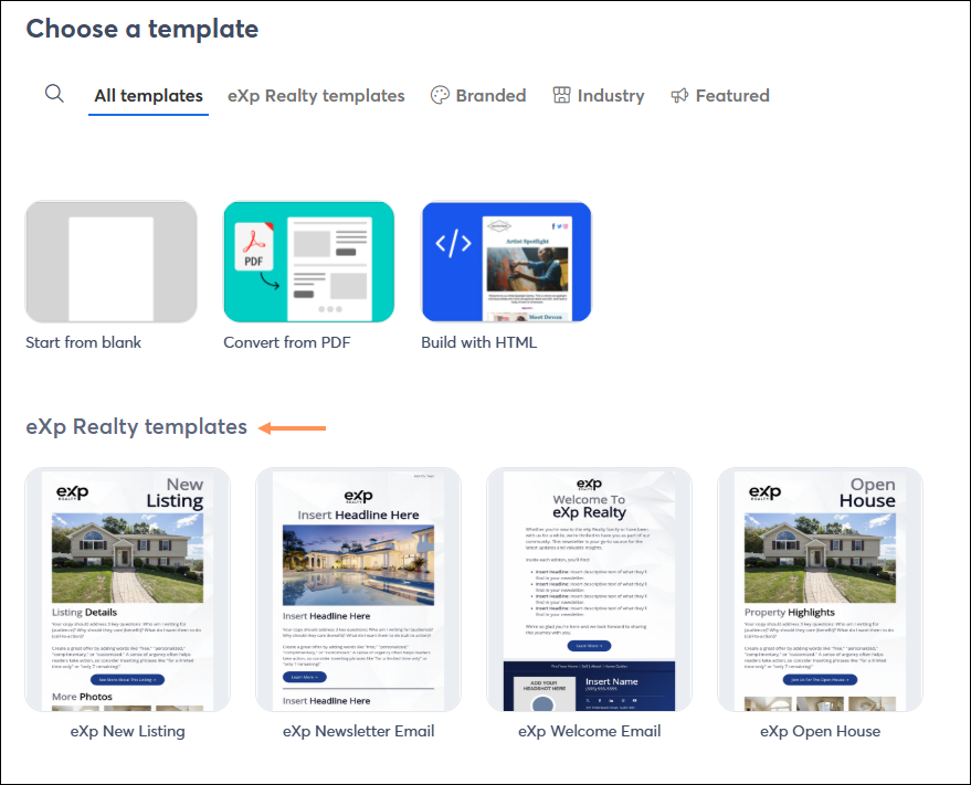 Email Template Picker with eXp branded templates