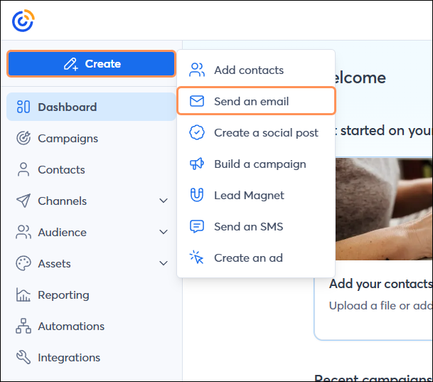 Global create menu send an email option