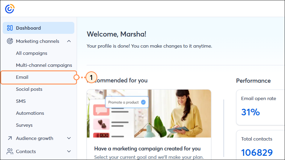 marketing channels drop-down menu expanded and Email option selected
