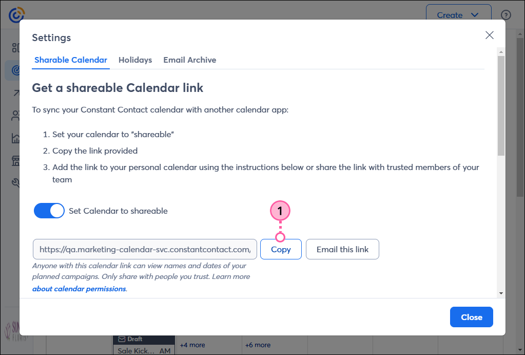 Calendar Settings overlay with Set Calendar to shareable toggle on, and Copy button