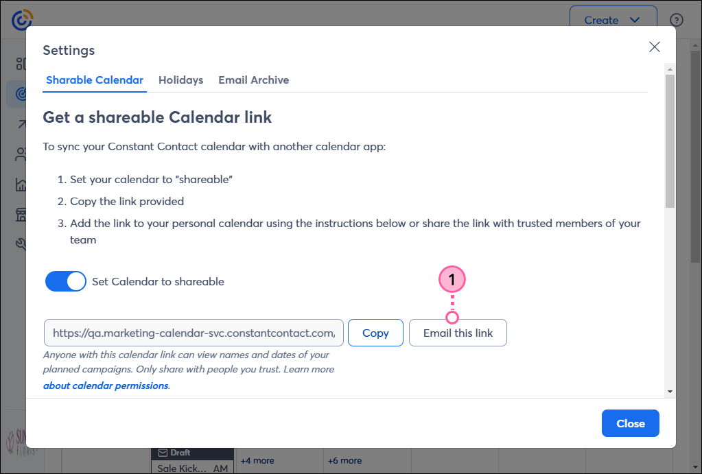 Calendar Settings overlay with Set Calendar to shareable toggle on, and Email this link button