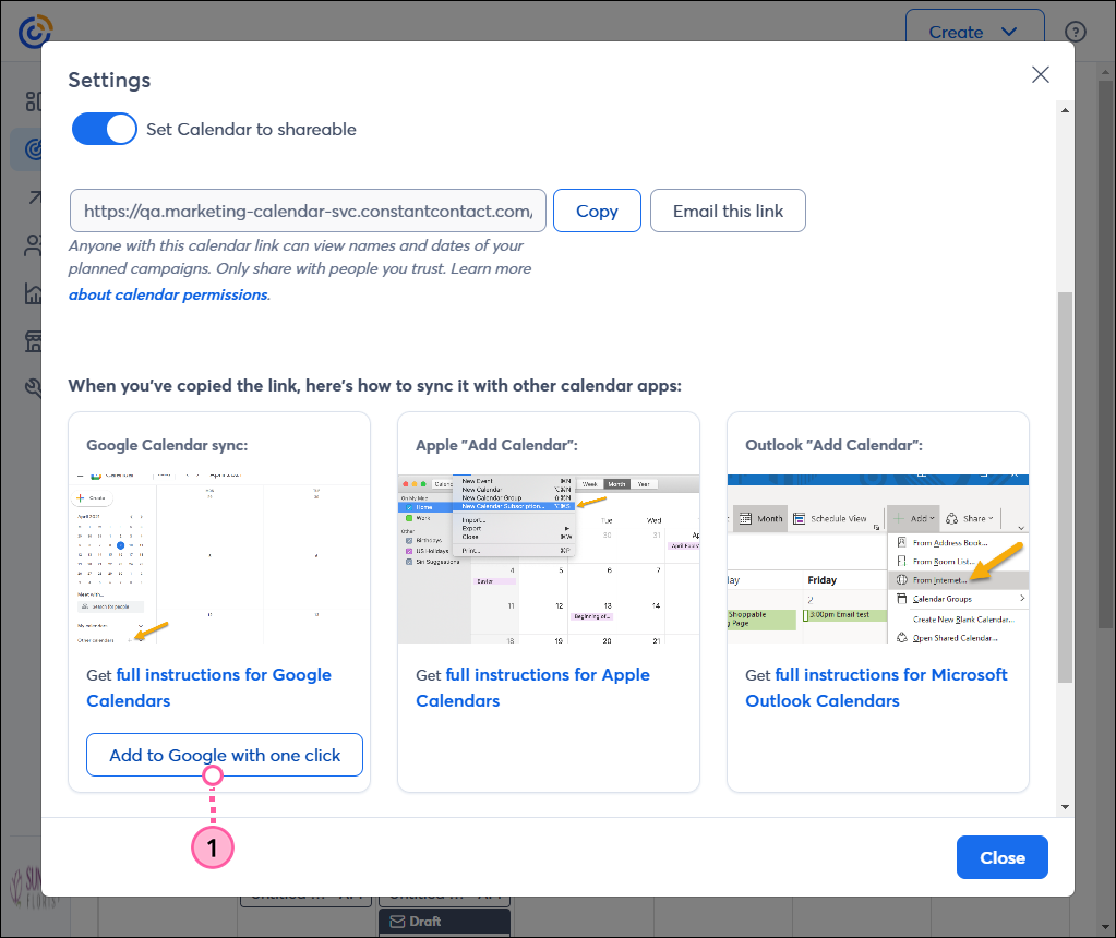 Calendar Settings overlay, Google Calendar sync section with Add to Google with one click Button