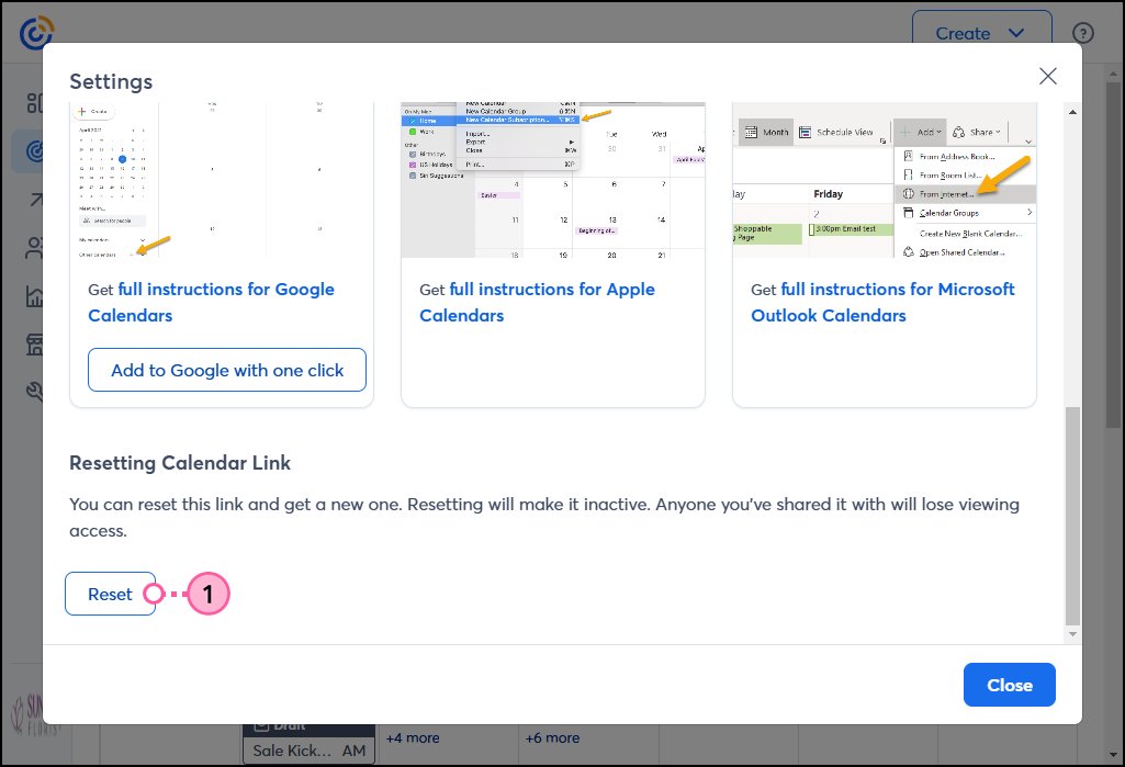 Calendar Settings overlay, Resetting Calendar Link section, and Reset button