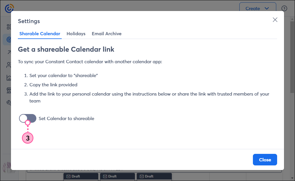 Calendar Settings overlay and Set Calendar to shareable toggle