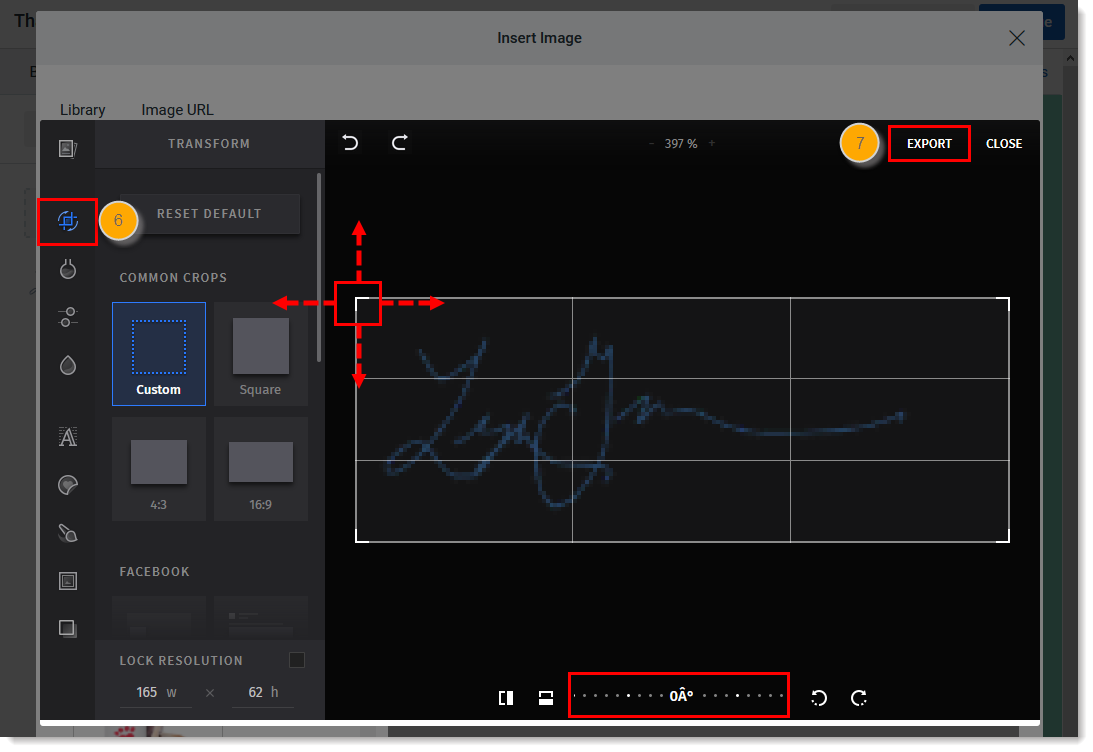 Éditeur d’image, option Transform sélectionnée, bouton de rognage d’image, option d’angle et bouton Export