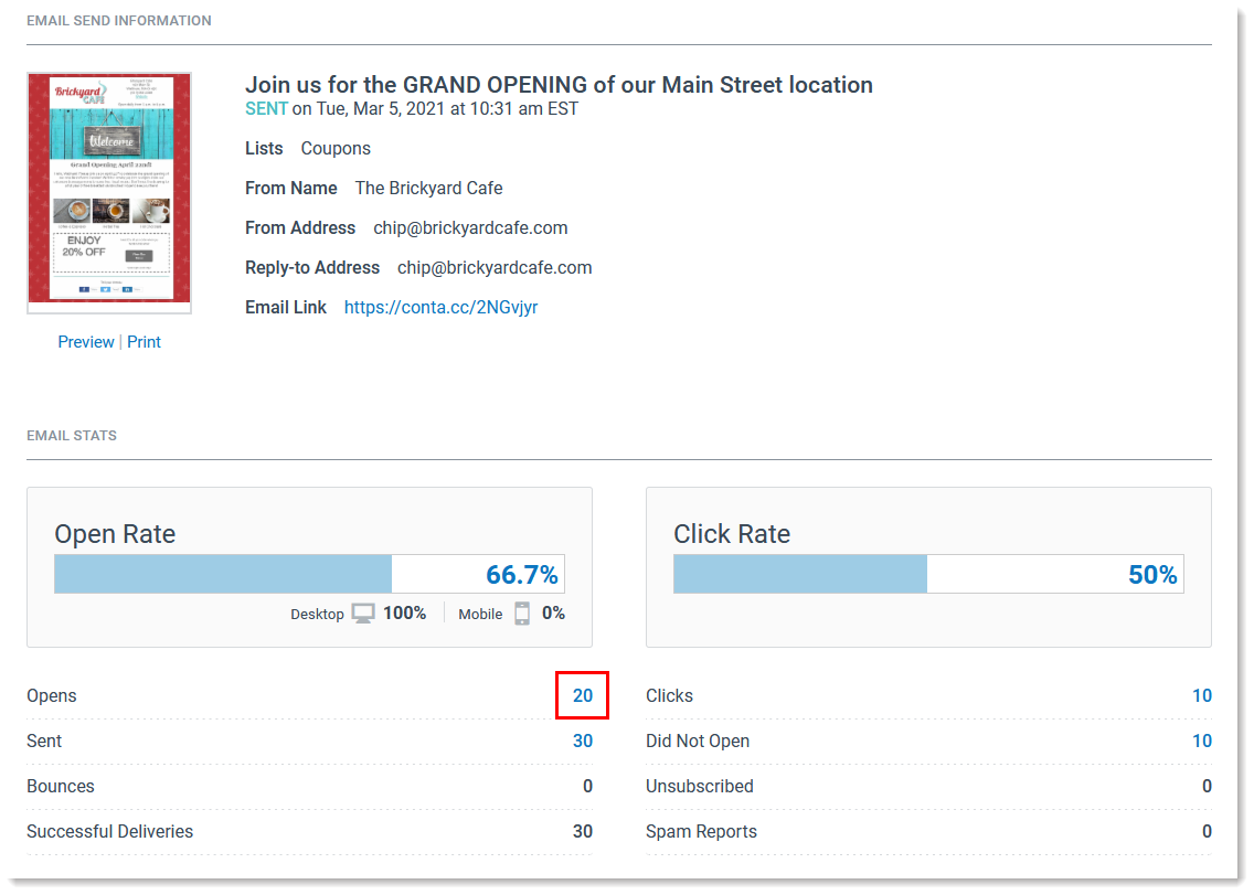 Hyperlinked Opens data on the Email Details page