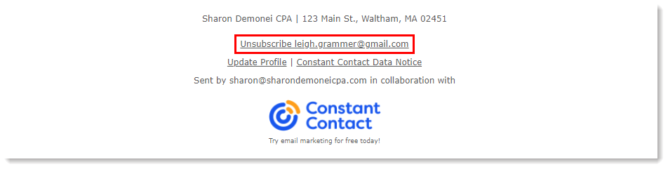 Pie de página del correo electrónico con enlace Unsubscribe (Cancelar suscripción) como se ve en una bandeja de entrada