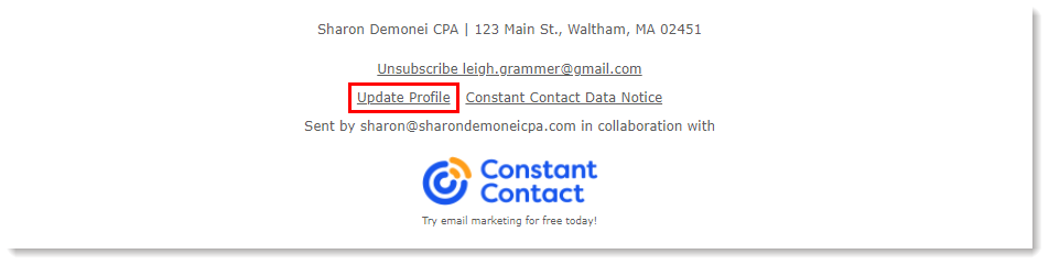 Pie de página del correo electrónico con enlace Update Profile (Actualizar perfil) como se ve en una bandeja de entrada