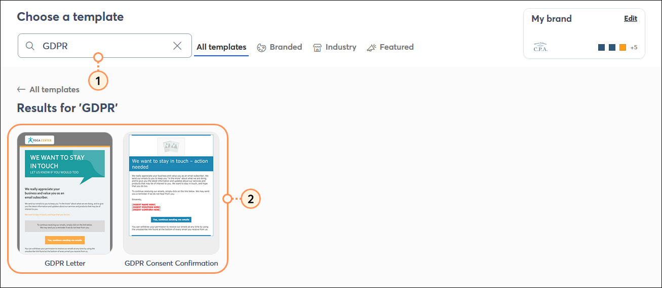 Choose a template page with Search field and GDPR keyword, search results with template thumbnails