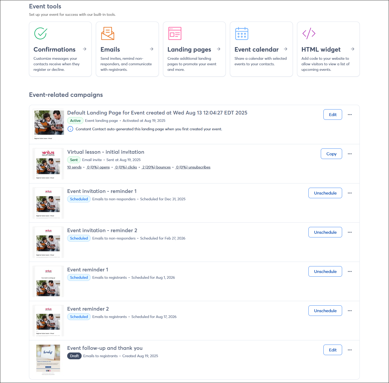 Active event dashboard with Overview tab selected, Event tools section, and Event-related campaigns with invitations, reminders, and follow-up emails