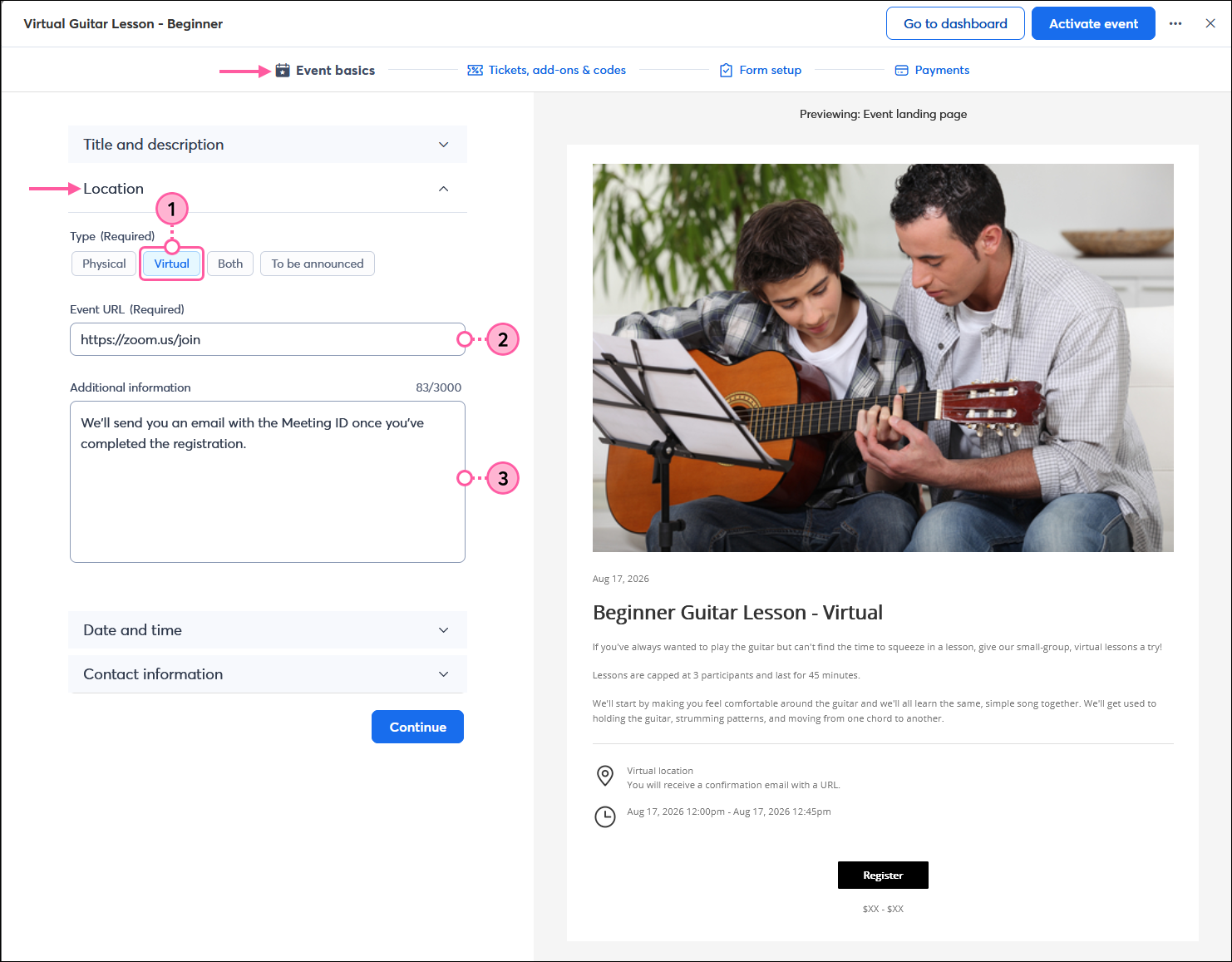 Event Basics page with Location menu expanded and Type options with Virtual option selected, Event URL field, and Additional information field