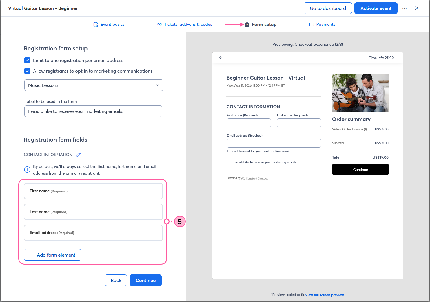 Form setup page, Registration form setup options with Limit to one registration per email address option and Allow registratnts to opt in to marketing communications option, and Registration form fields options with section title field and contact field options with Add form element button