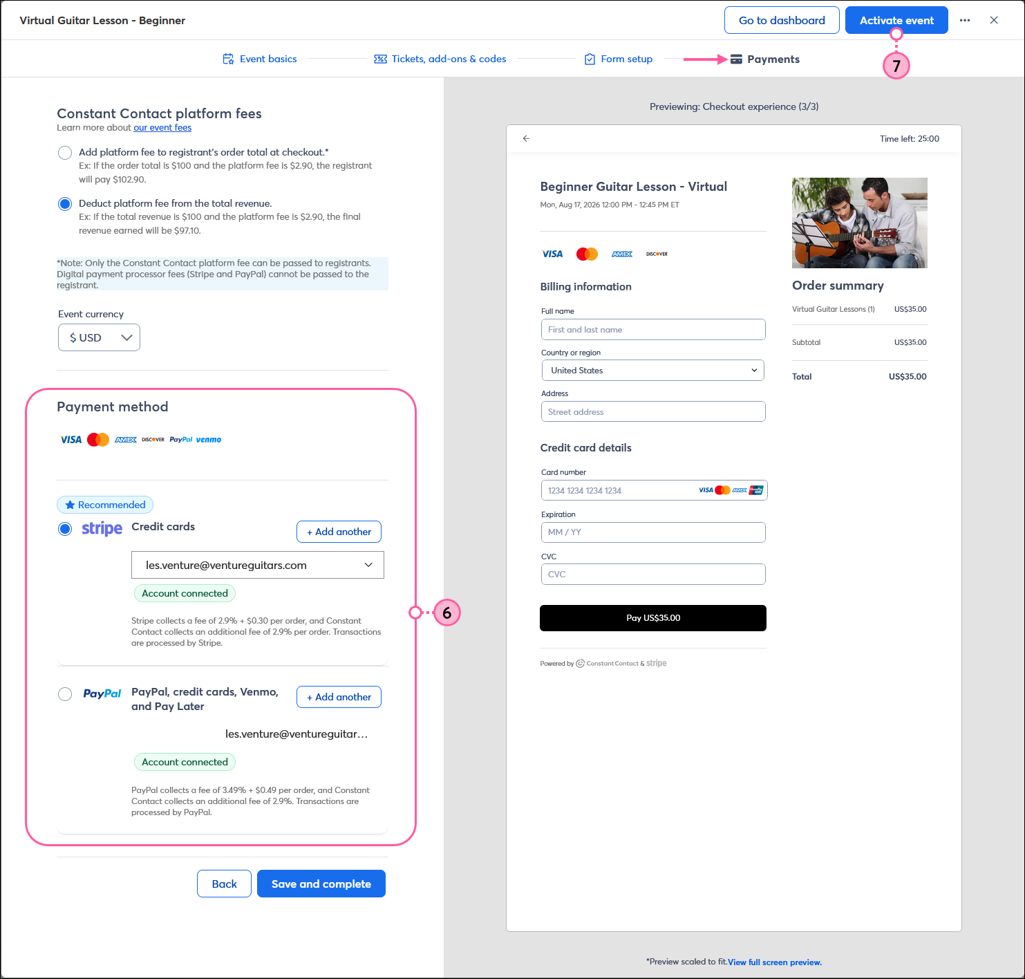 Payments page with Constant Contact platform fees options, Event currency drop-down menu, and Payment method option for Stripe and Paypal, Save and complete button, and Activate event button