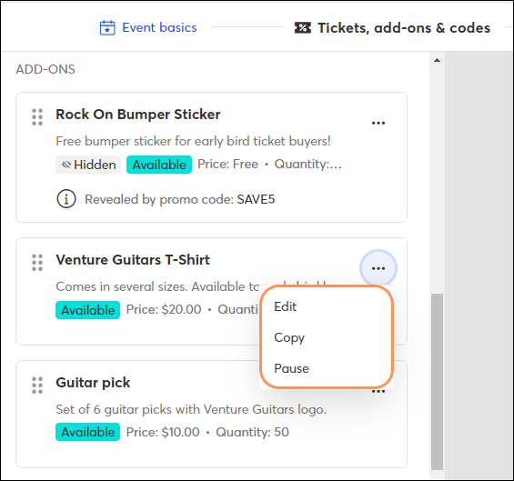 Edit, copy, or pause an add on for an active event