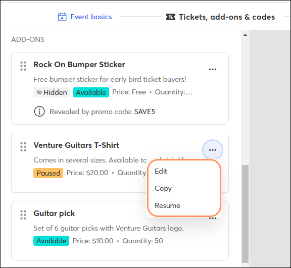 Edit, copy, or resume an add on for an active event