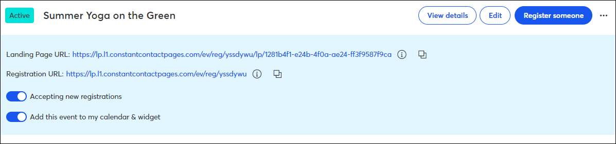 Active Event View Details, Edit, Register Someone, Access URL