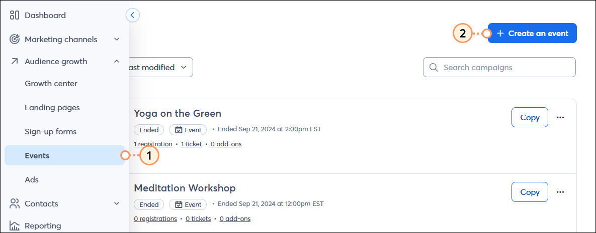 Marketing Campaigns dropdown with Events option, and Create an Event button
