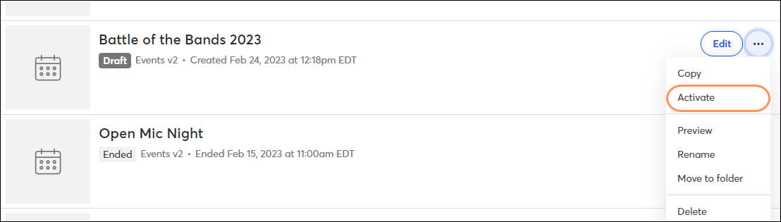 Activate Event from Campaign List