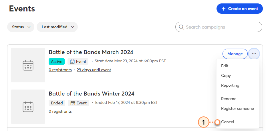 Cancel active event from campaigns page