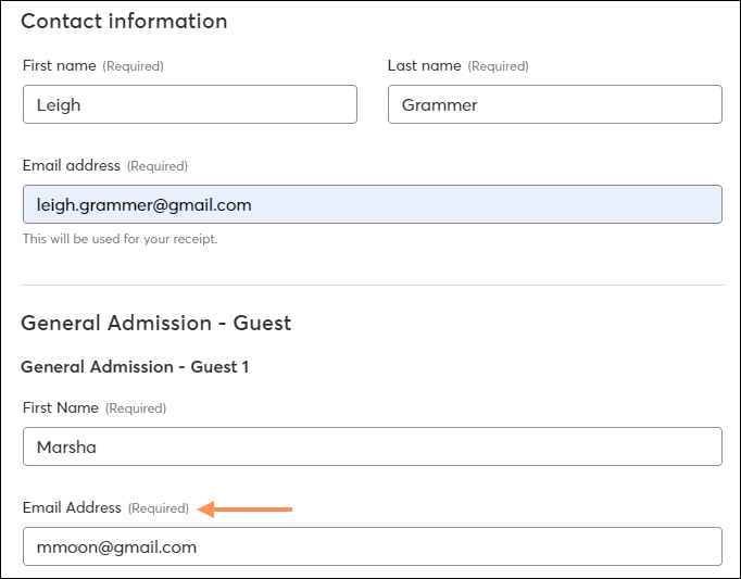Registration Form collecting email from guests