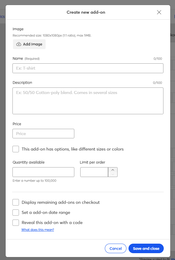 Enter the details for your add on
