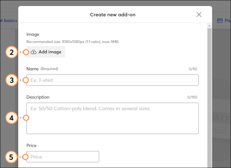 Add an add on image and enter name, description, and price