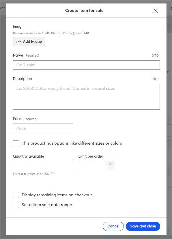 Create an item for sale
