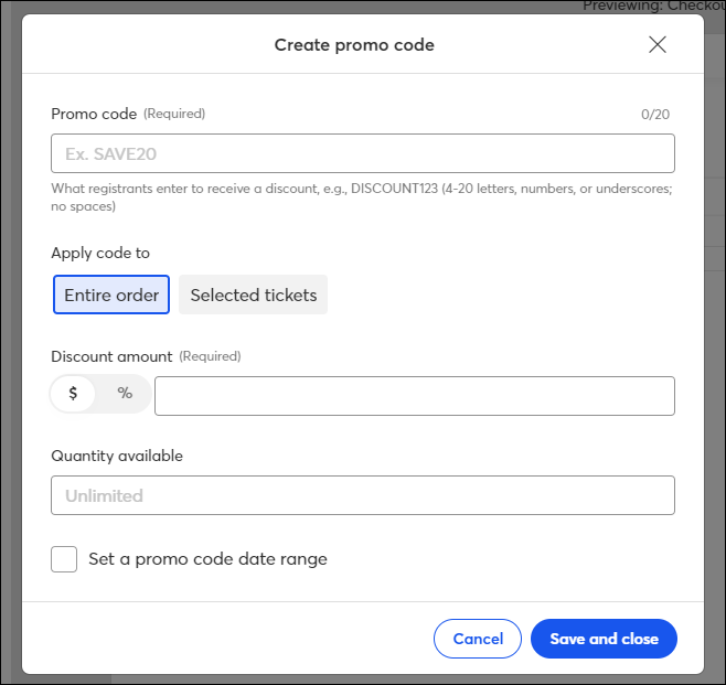 Fill out promo code details