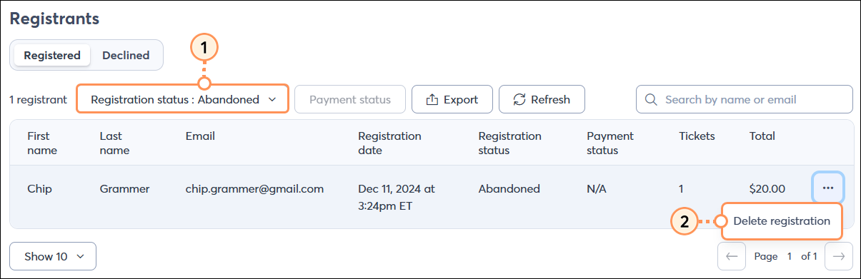 Delete abandoned registration