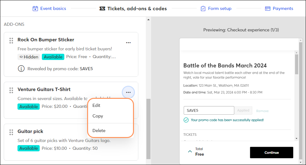 Edit, copy, or delete add on for a draft event