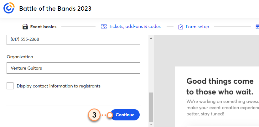 Events basics continue button