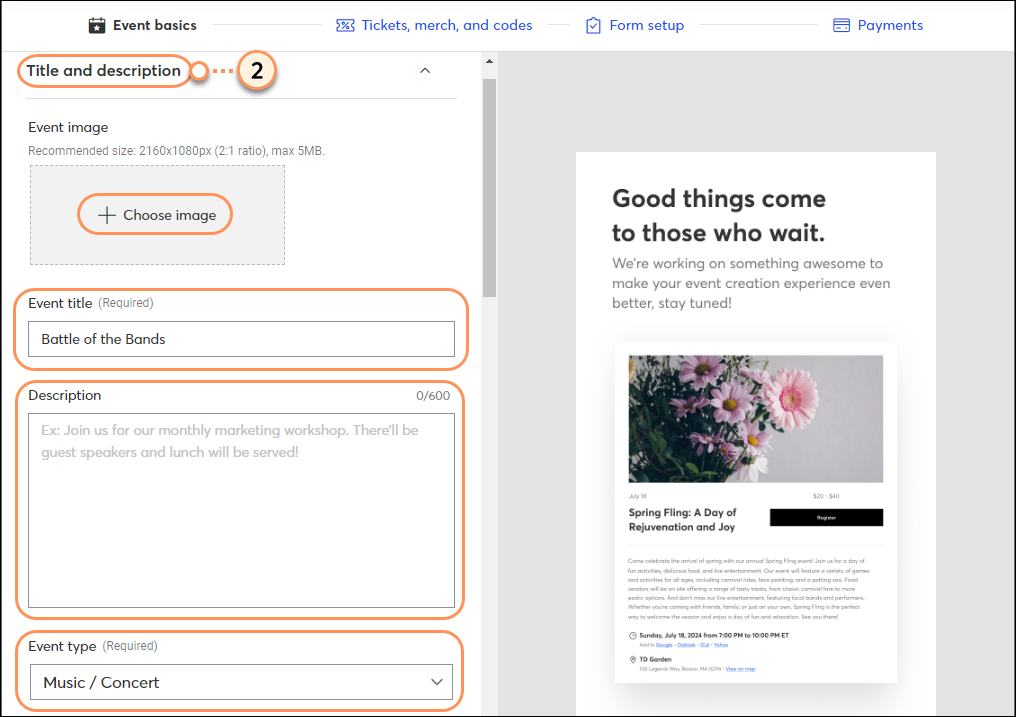 Fill out title and description for event