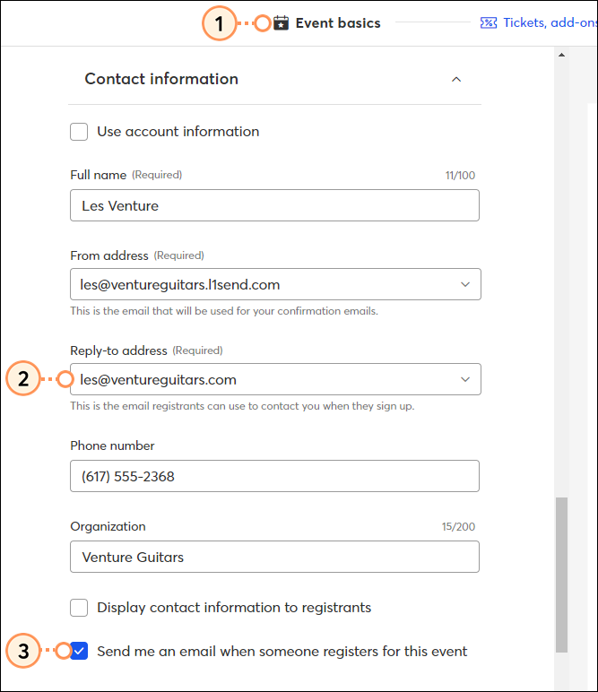 Event Basics Tab Send Notification Email
