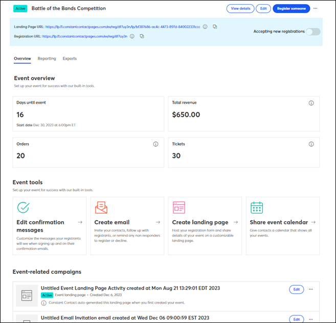 Events 2.0 Dashboard Overview Tab