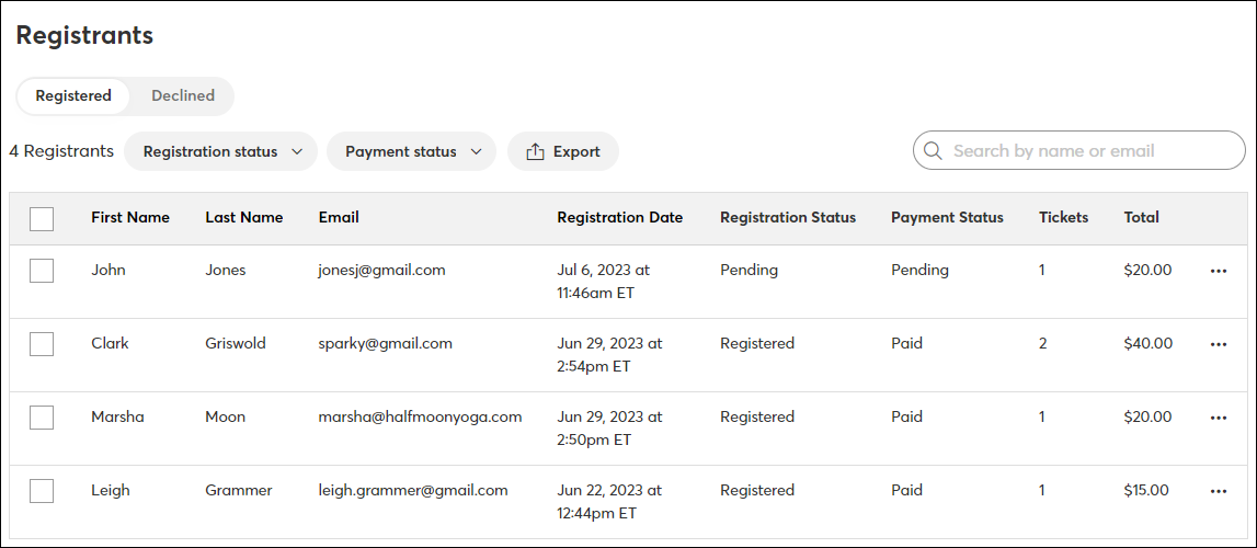 Active Event Dashboard Registrants List
