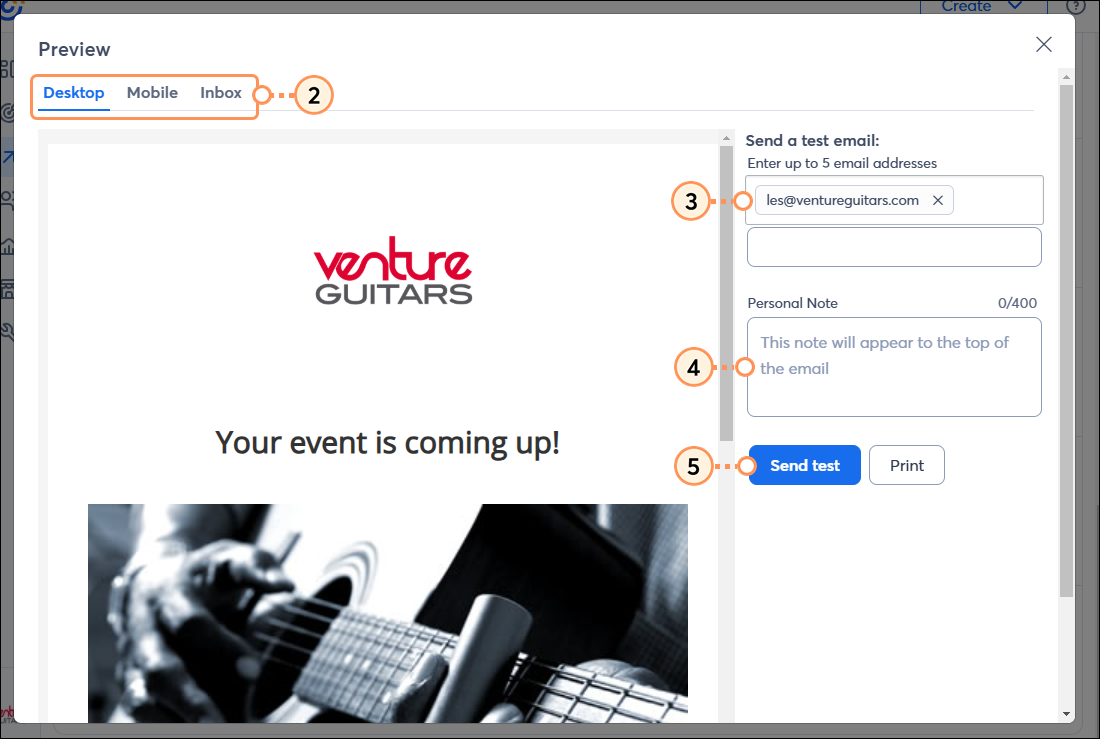 Vista previa y envío de sus correos electrónicos de eventos