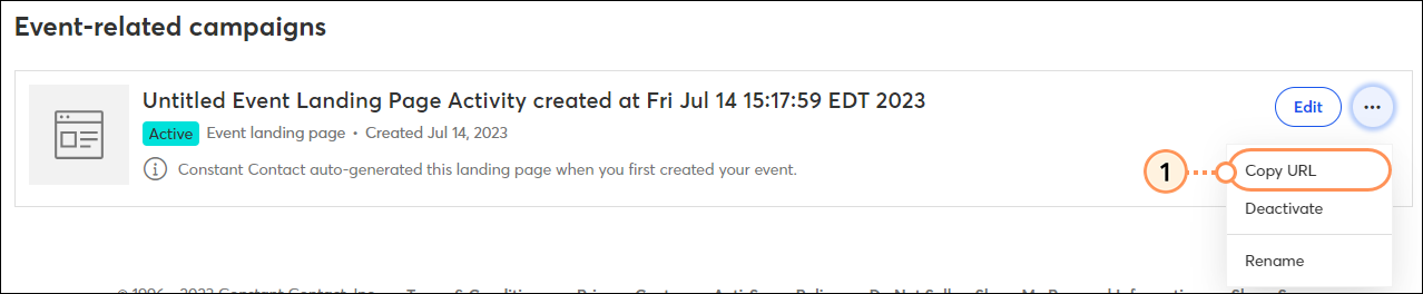 Copy URL for default event Landing Page
