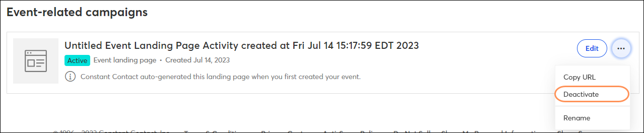Deactivate the default event landing page