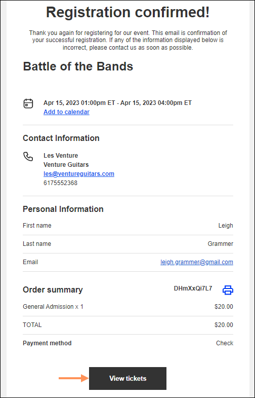 Correo de confirmación del evento para ver las entradas