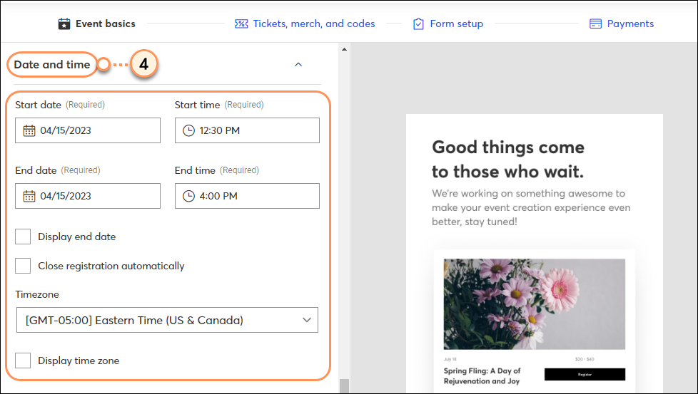 Fill out event date and time