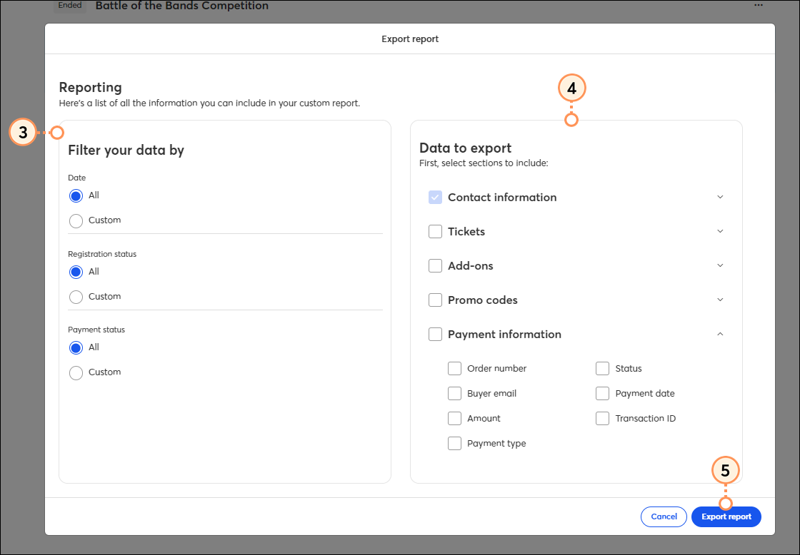 Select filters and data options and export