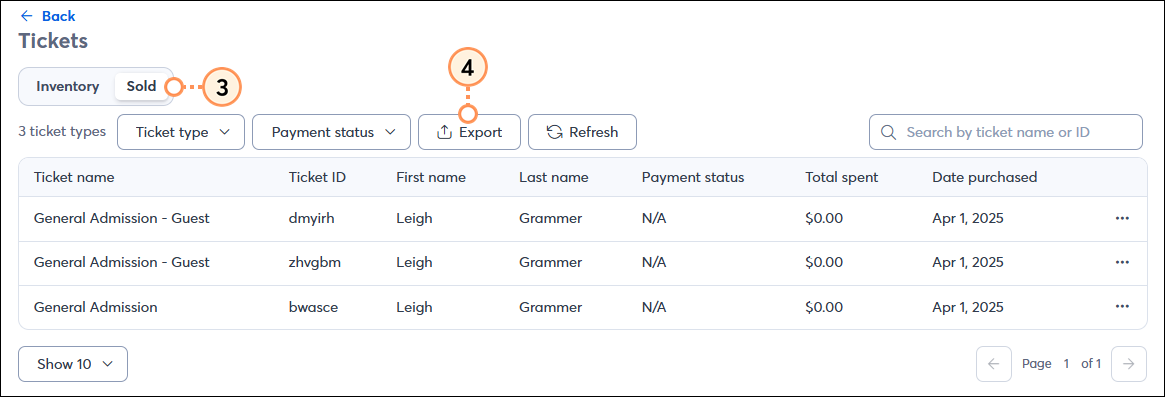 Tickets Report Sold Tab Export Button