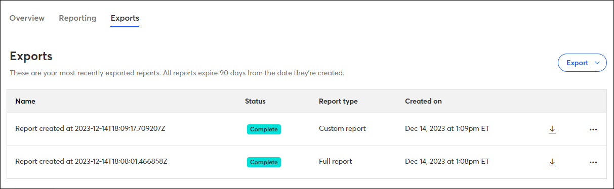 Event dashboard export tab